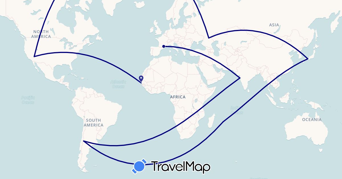 TravelMap itinerary: driving in Chile, France, India, Japan, Mauritius, Russia, Senegal, United States (Africa, Asia, Europe, North America, South America)